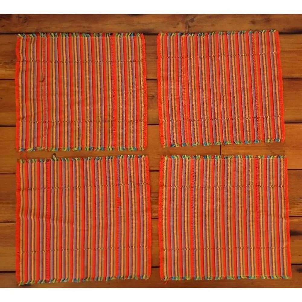 Set of 4 Colorful Woven Rainbow Fringe Cotton Ethnic Table Placemats Settings